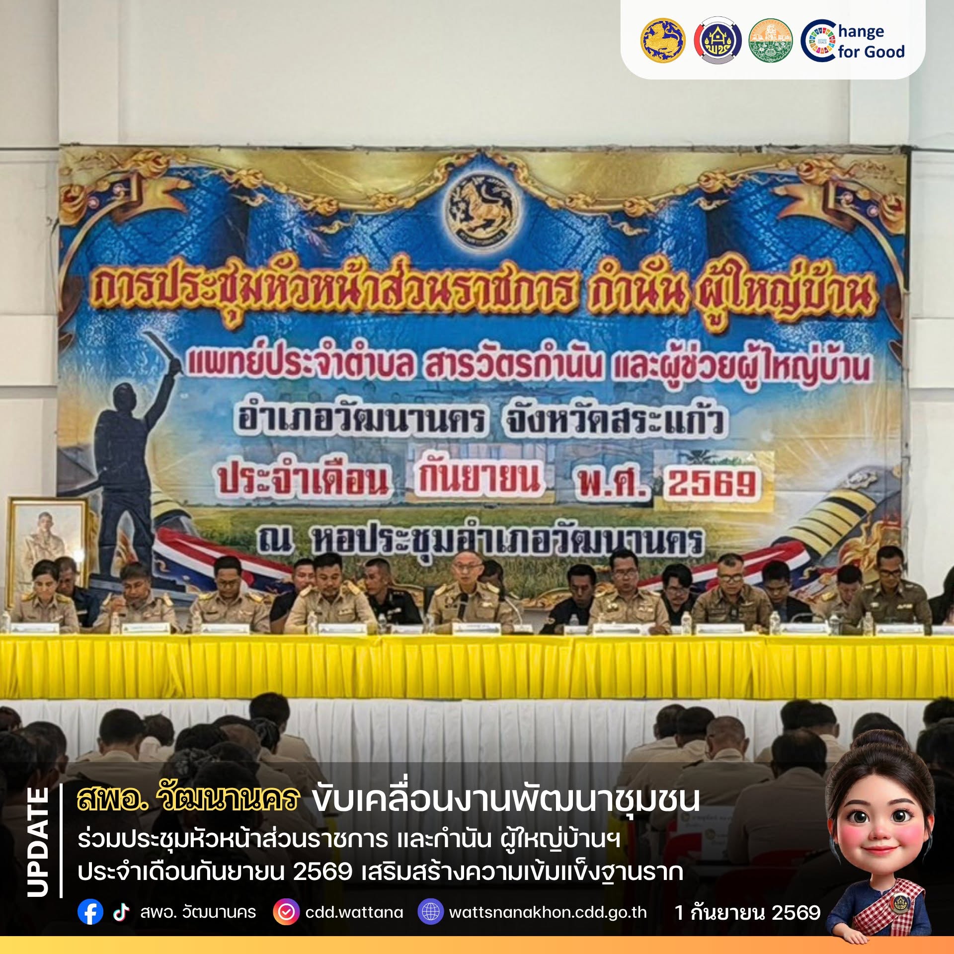📢 สพอ.วัฒนานคร ร่วมประชุมหัวหน้าส่วนราชการ และกำนัน ผู้ใหญ่บ้านฯ ประจำเดือนกันยายน 2569 เดินหน้าขับเคลื่อนงานพัฒนาชุมชน เสริมสร้างความเข้มแข็งฐานราก 🌾✨