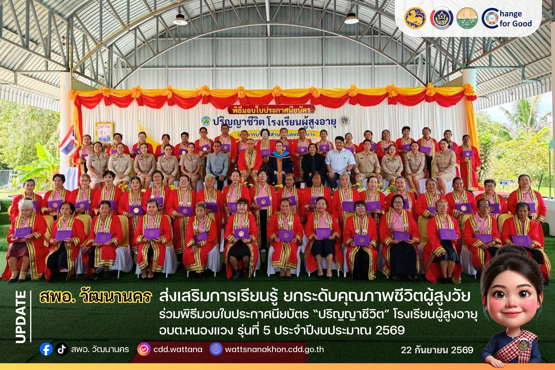 🎉 สพอ.วัฒนานคร ร่วมพิธีมอบใบประกาศนียบัตร “ปริญญาชีวิต” โรงเรียนผู้สูงอายุ อบต.หนองแวง รุ่นที่ 5 มุ่งส่งเสริมการเรียนรู้ตลอดชีวิต ยกระดับคุณภาพชีวิตผู้สูงวัย 🎉