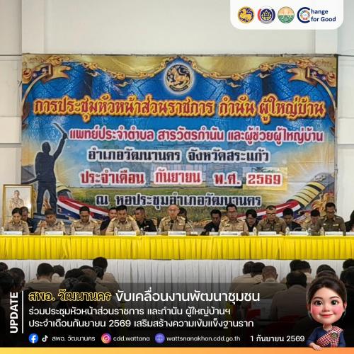 📢 สพอ.วัฒนานคร ร่วมประชุมหัวหน้าส่วนราชการ และกำนัน ผู้ใหญ่บ้านฯ ประจำเดือนกันยายน 2569 เดินหน้าขับเคลื่อนงานพัฒนาชุมชน เสริมสร้างความเข้มแข็งฐานราก 🌾✨